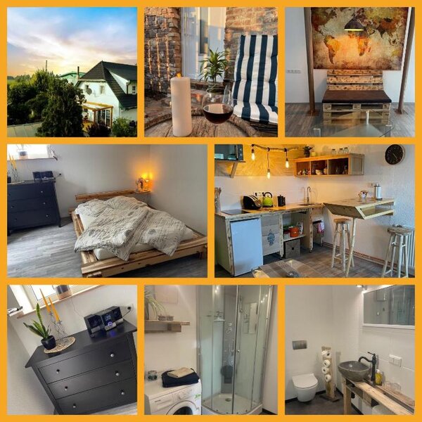 Ferienwohnung Collage Collage Ferienwohnung mit mehren Bildern: Panoramaansicht, Bett, Küchenbereich, Bad mit Dusche, Liegestuhl
