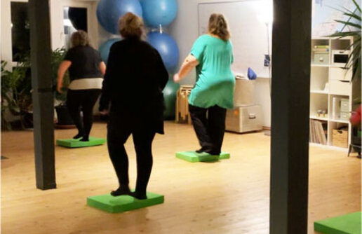 mehrere Damen stehen auf ein Bein um Balance zu trainieren.