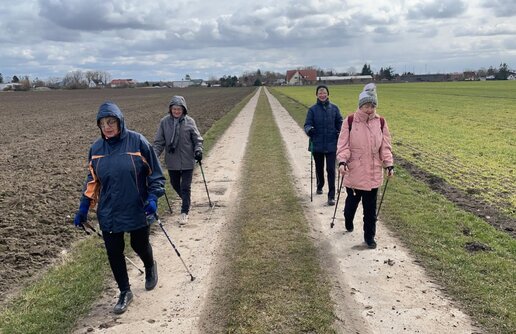 vier Personen die Wetterfest angezogen sind und einen Weg entlang gehen