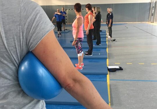 eine Gruppe von Personen veranstaltet Funktionstraining mithilfe von Bällen
