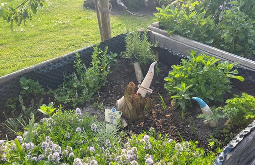 ein kleiner Kräutergarten mit verschiedenen Kräutern wie beispielsweise, Currykraut und Rosmarin